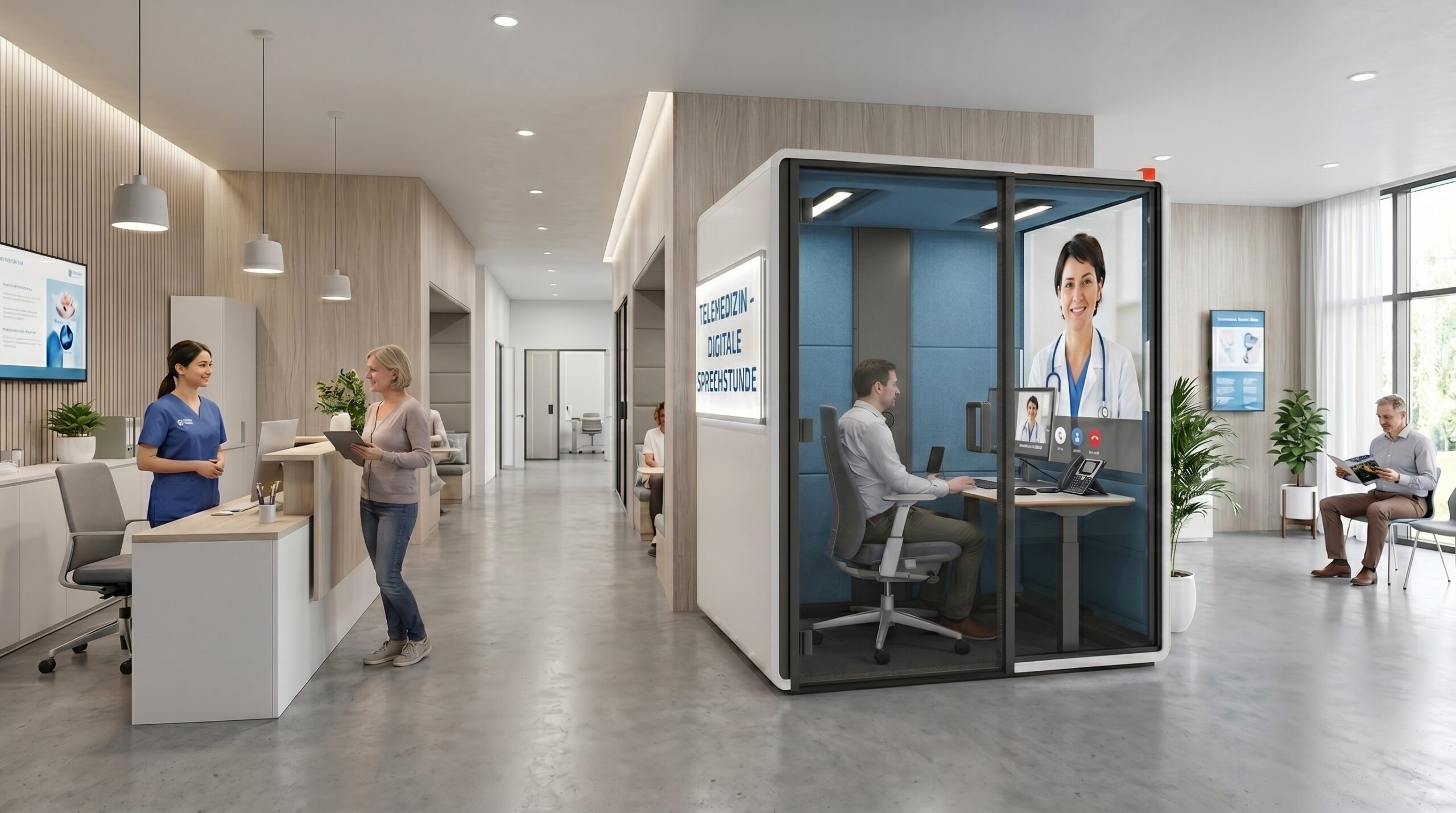 Die moderne Akustikkabine von ARTZT Telemedizin verbindet Privatsphäre, Komfort und digitale Gesundheitsversorgung auf innovative Weise. In der schallgeschützten Umgebung können Patientinnen und Patienten ungestört an telemedizinischen Sprechstunden teilnehmen. Die hochwertige Ausstattung und das freundliche Design schaffen Vertrauen und sorgen für ein angenehmes Beratungserlebnis. So wird medizinische Versorgung flexibel, diskret und unkompliziert zugänglich.