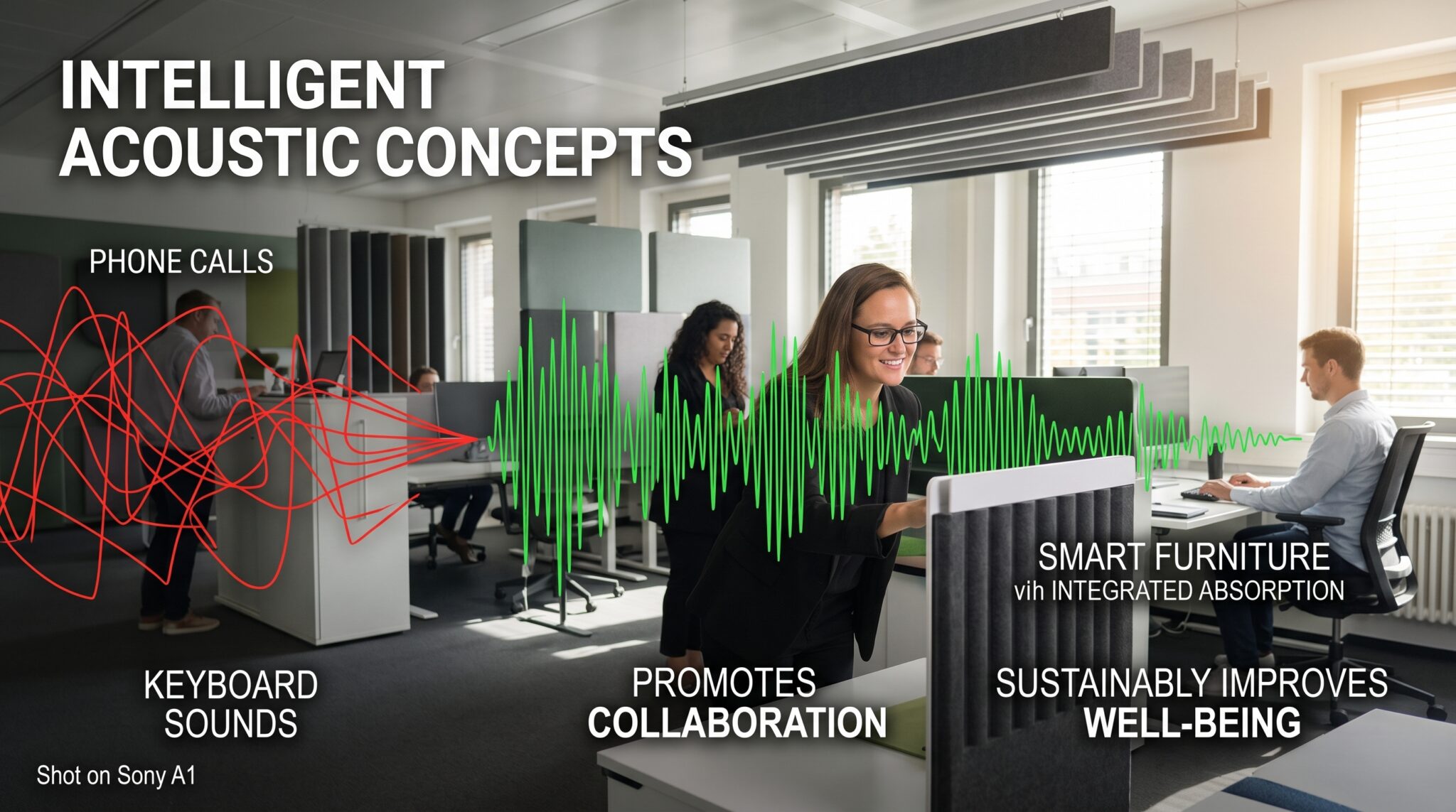 Die Infografik zeigt die fünf effektivsten Akustikmaßnahmen für Großraumbüros. Sie verdeutlicht, wie Akustikdecken, Schallabsorber, Trennwände, Fokuszonen und Telefonboxen den Lärmpegel senken und dadurch Konzentration, Produktivität sowie Mitarbeiterzufriedenheit steigern.